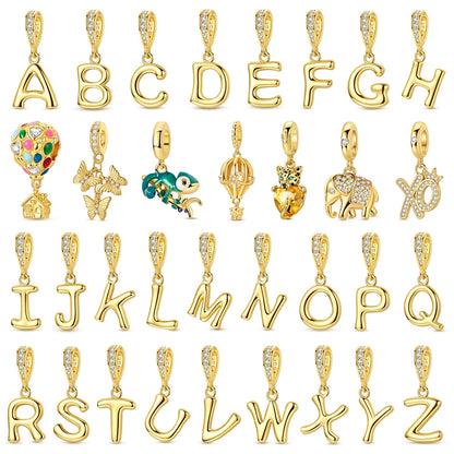 Golden Series Funkelnder Elefanten-Anhänger aus 925er-Sterlingsilber und 26 englische Alphabet-Anhänger, passend für Armbänder, exquisites Geschenk