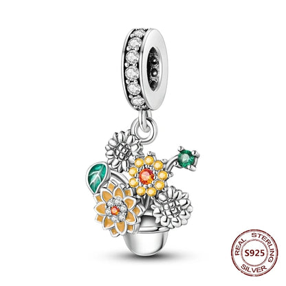 Gelber Sonnenblumen-Charm aus 925er Silber, Original-Zirkon, Kolibri, Einhorn-Charms, passend für Armbänder, DIY-Schmuck für Frauen, Hochzeitsgeschenk