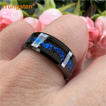 iTungsten 8 mm schwarze/silberne Wolfram-Eheringe für Männer und Frauen mit blauen Folien, abgeschrägte Kanten, polnisch, glänzend, bequeme Passform