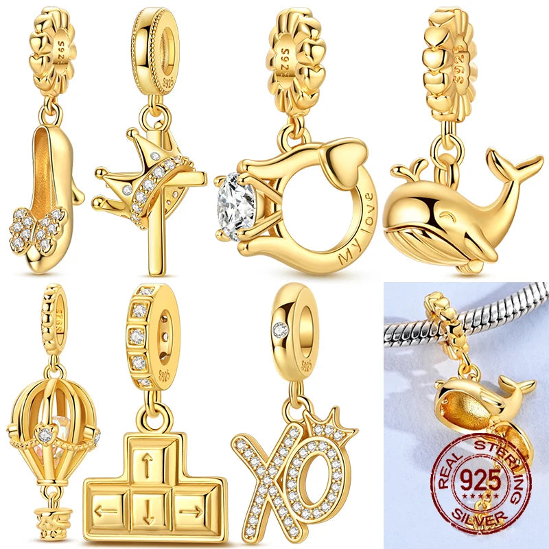 Golden Series Charms aus 925er-Sterlingsilber, zu öffnender Wal-Schmetterlings-Sonnen-Anhänger, CZ-Zirkon, passend für Original-Armbänder, DIY-Schmuck