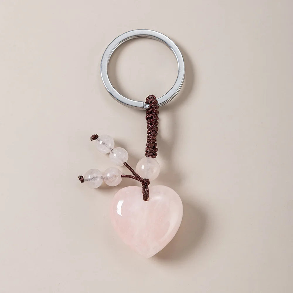 1PC Naturstein Herz Schlüsselanhänger Heilkristall Stein Rosenquarz Schmuck Quaste Schlüsselanhänger Taschenanhänger für Handtaschen