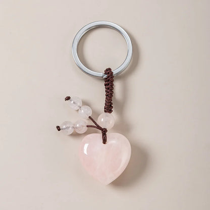 1PC Naturstein Herz Schlüsselanhänger Heilkristall Stein Rosenquarz Schmuck Quaste Schlüsselanhänger Taschenanhänger für Handtaschen