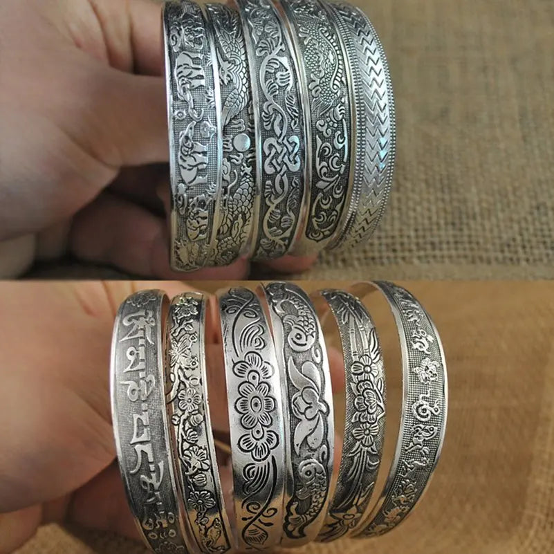 Neue Retro Manschette Armbänder tibetischen Silber Metall schnitzen Fisch Elefant Blume Armreifen Vintage Zigeuner Schmuck weibliche Geschenke