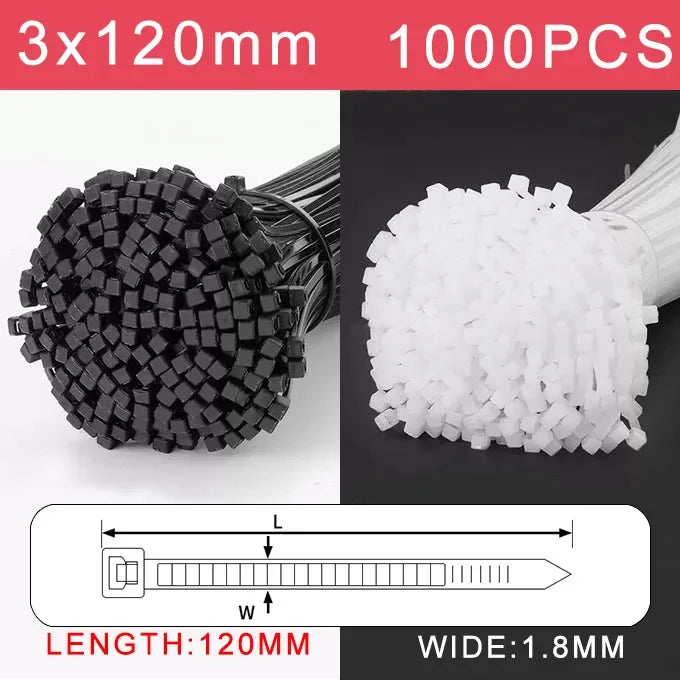 250/500/1000 Stück selbstsichernde weiße schwarze Kunststoff-Nylon-Kabelbinder, Befestigungsring, Nylon-Klemmband mit Schloss, 3 x 100, 4 x 300 mm