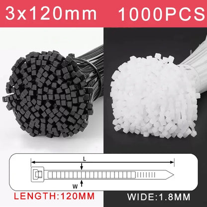 250/500/1000 Stück selbstsichernde weiße schwarze Kunststoff-Nylon-Kabelbinder, Befestigungsring, Nylon-Klemmband mit Schloss, 3 x 100, 4 x 300 mm
