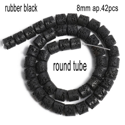 Schwarze vulkanische Lavagesteinperlen, Mineralperlen, Charms, Rohrwürfel, runde geometrische Formperlen für Schmuckherstellung, DIY-Armband