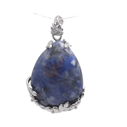 Damen-Naturstein, lila Kristall, Aventurin, Opal, Karneol, Onyx, Rosenquarz, Lapislazuli, Tropfenform, eingelegter Blumenanhänger aus Metall