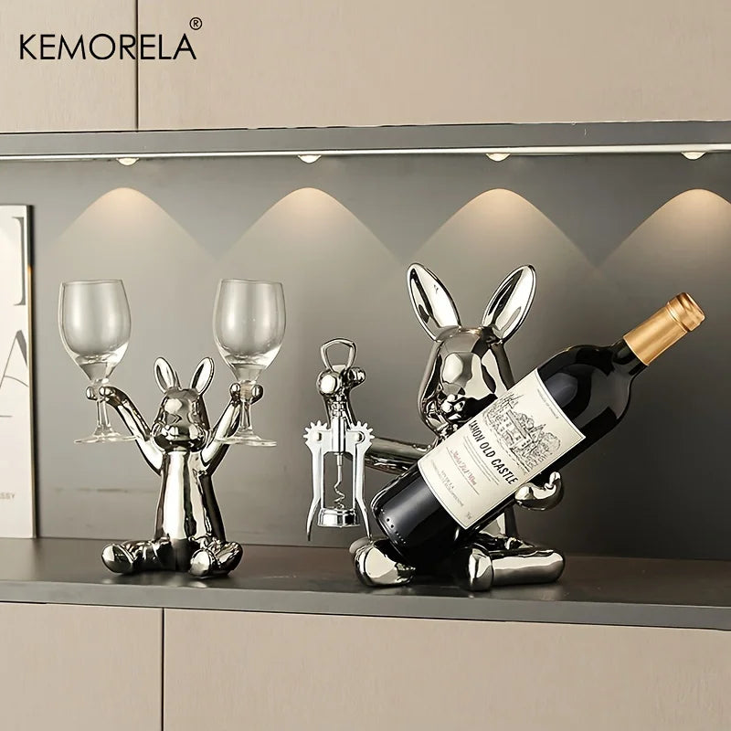 KEMORELA Hasen-Weinregal-Halter, 1 Stück, Champagner-Präsentationsständer, dekoratives Schreibtisch-Ornament für Zuhause, Weinschrank, Bar, Weinkeller
