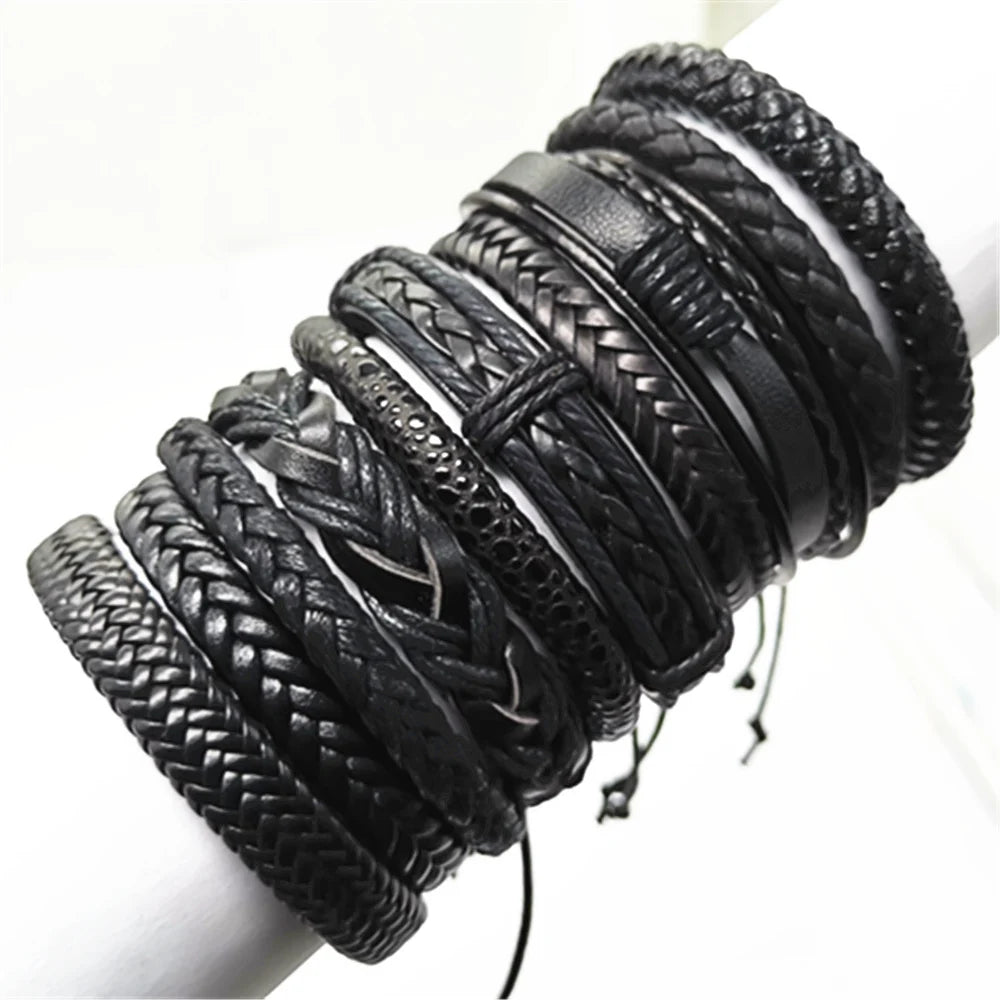10 Pcs/Set Black Wrap Woven New Fashion Handmade Men Bracelets Male Women Leather Bracelets Men Bangle Wholesale Jewelry Gift