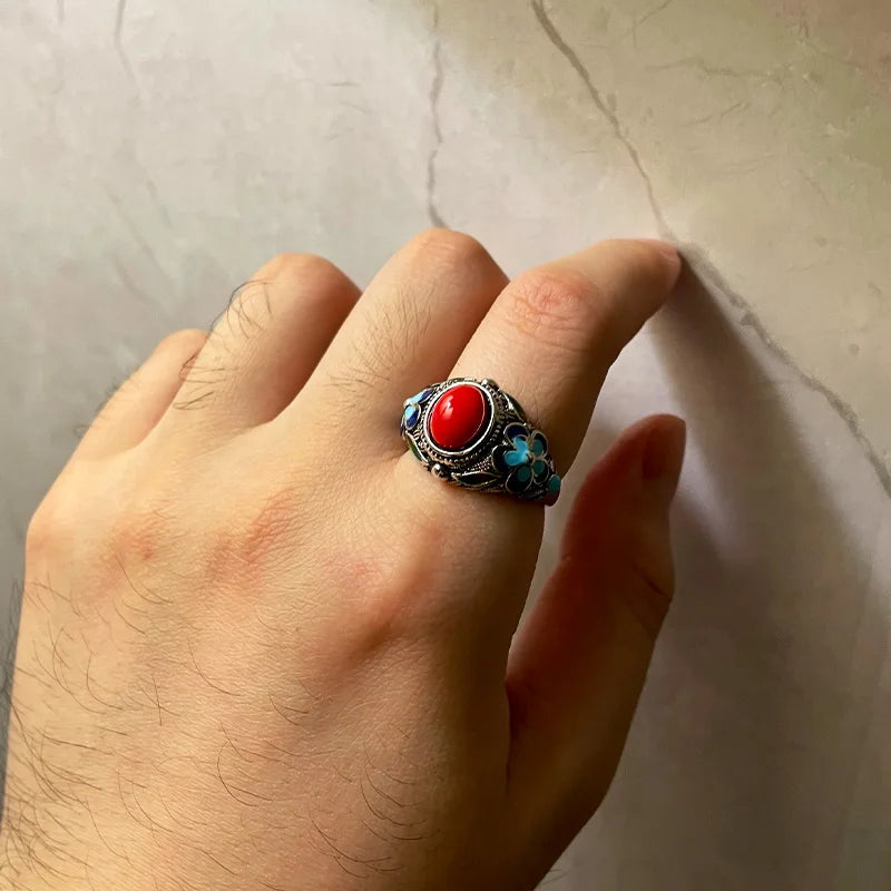 Retro filigran eingelegter roter Ring gebrannter blauer Palast Punk Gothic offener Ring für Frauen handgemachte Unisex Designer Schmuck Accessoires
