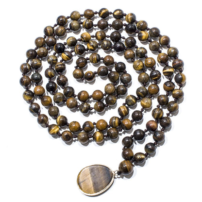 8 mm gelber Tigerauge-Perlenknoten, 108 Mala-Halskette, Meditation, Yoga, Gebetsschmuck mit Tigerauge-Anhänger für Männer und Frauen