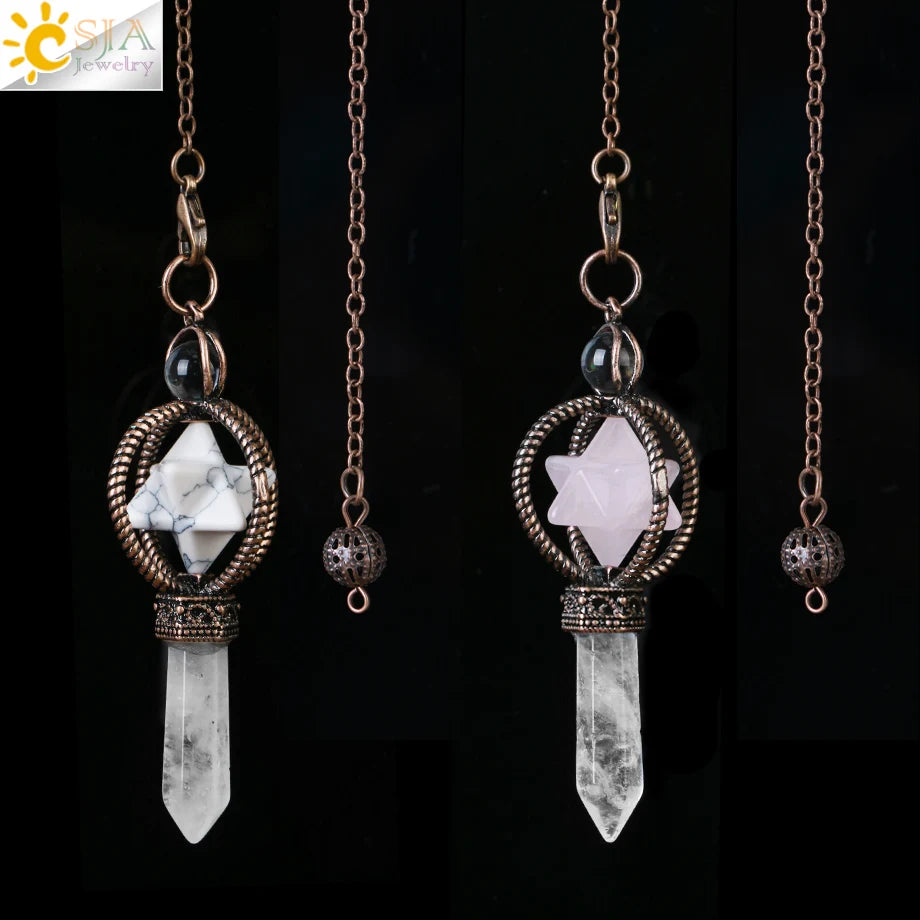 CSJA Esoterik Kristallpendel für Wünschelpen, Weissagung, Pendel, Merkaba, Naturstein-Anhänger, klarer Quarz, rote Bronze, G930