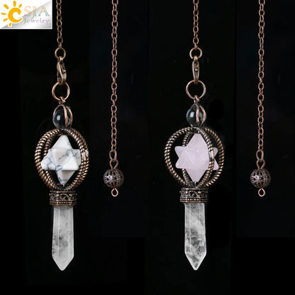 CSJA Esoterik Kristallpendel für Wünschelpen, Weissagung, Pendel, Merkaba, Naturstein-Anhänger, klarer Quarz, rote Bronze, G930