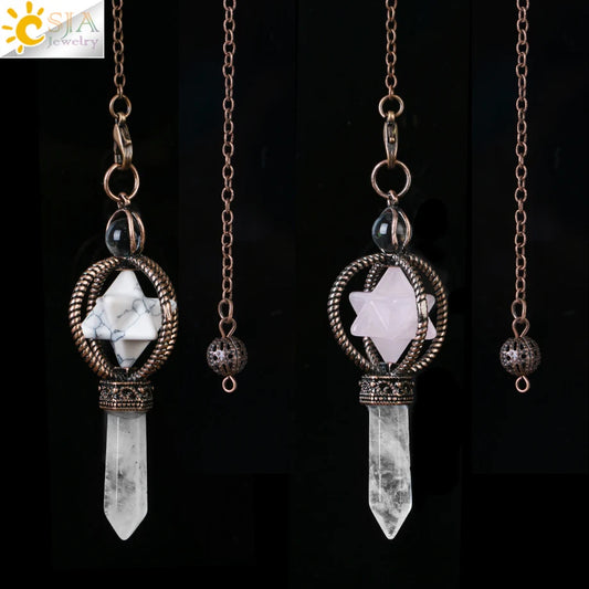 CSJA Esoterik Kristallpendel für Wünschelpen, Weissagung, Pendel, Merkaba, Naturstein-Anhänger, klarer Quarz, rote Bronze, G930