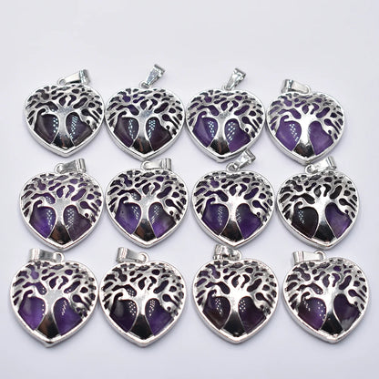 Großhandel 12 teile/los Mode natürliche Amethyste Lapis Herz Legierung Baum des Lebens Anhänger für Schmuck Zubehör Markierung kostenlos