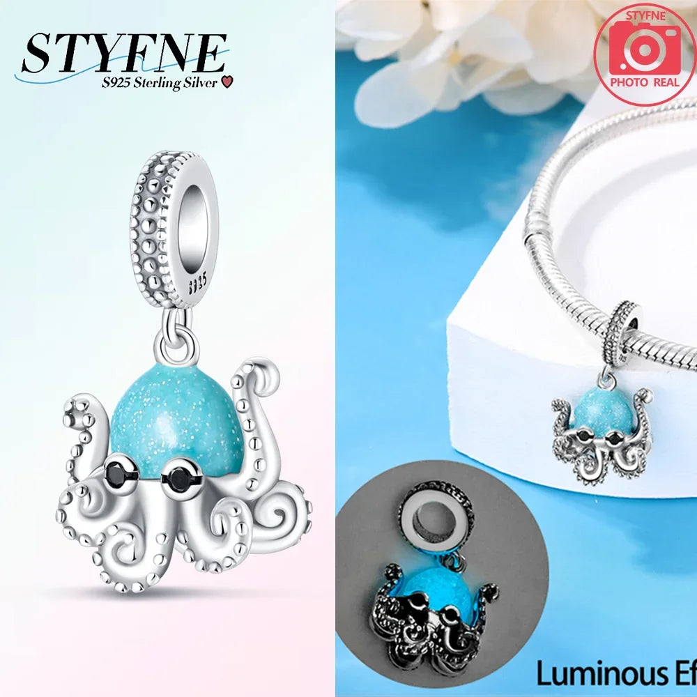 925 Silber Schildkröte Delphin Fischschwanz Muschel Seepferdchen Oktopus Leuchtende Charms Perlen passen Original Armbänder DIY Schmuck Geschenk