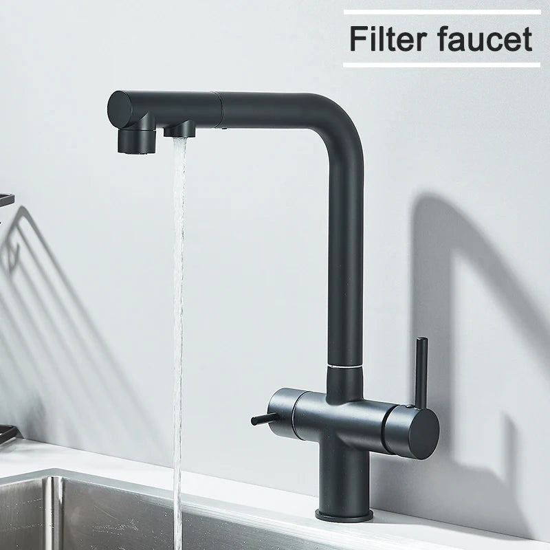 Rozin Wasserreiniger, Küchenarmatur, Schwarz, herausziehbarer flexibler Filter, Küchenarmaturen, Kran, Messing, 2-in-1-Mischbatterie für heißes und kaltes Wasser