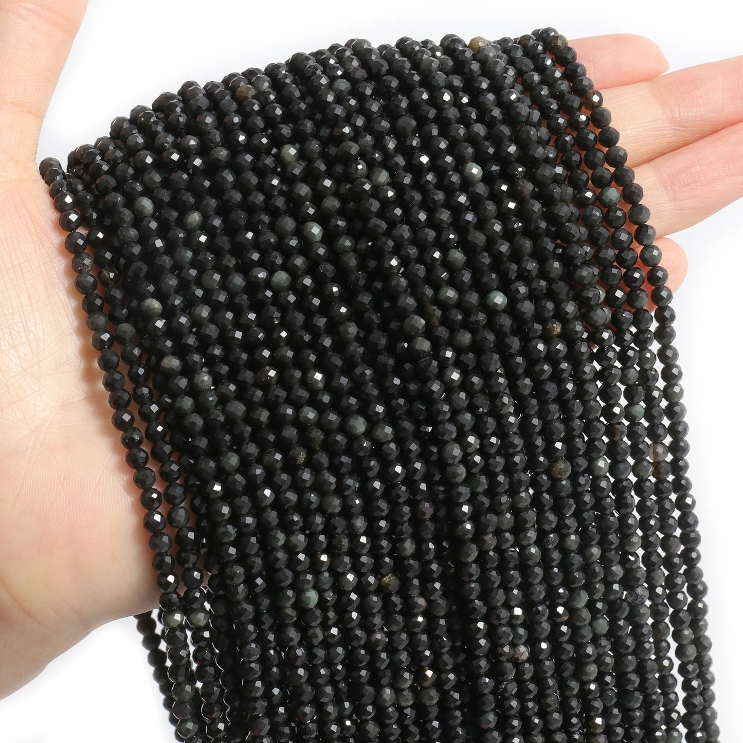 2 3 4 mm facettierte natürliche schwarze Obsidian-Perlen, runde lose Perlen, DIY-Taillenkette, Perlen, Halskette, Armband, Schmuckzubehör