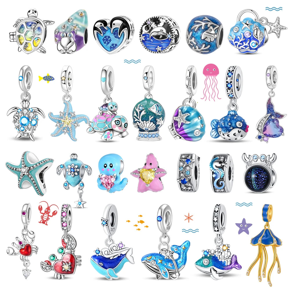 Ocean Series 925er Sterlingsilber, Wal, Schildkröte, kleiner Fisch, Qualle, Delfin, blauer Charm, passend für DIY-Armband, Halskette, Party-Schmuck