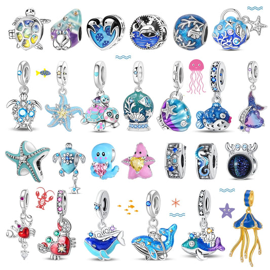 Ocean Series 925er Sterlingsilber, Wal, Schildkröte, kleiner Fisch, Qualle, Delfin, blauer Charm, passend für DIY-Armband, Halskette, Party-Schmuck