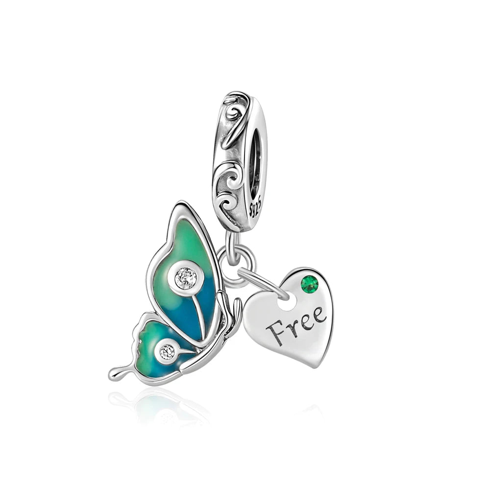 Exquisiter 925er-Sterlingsilber-Charm mit funkelndem Edelstein, Schlüssel, Blume, Schmetterling, passend für DIY-Armbänder, Halsketten, edler Schmuck, Geschenke
