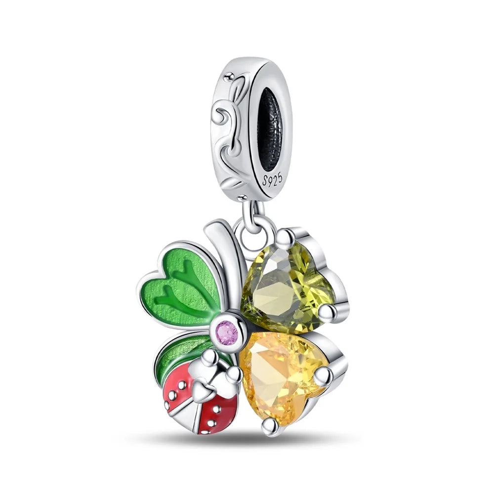 Bunter Schmetterlingsanhänger aus 925er-Sterlingsilber mit Blumen, Perlen, Käfer und Marienkäfer, passend für Armbänder, exquisite Anhänger-Geschenke