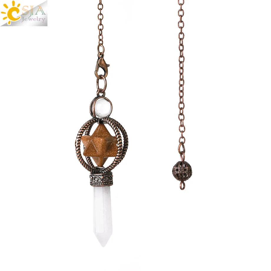 CSJA Esoterik Kristallpendel für Wünschelpen, Weissagung, Pendel, Merkaba, Naturstein-Anhänger, klarer Quarz, rote Bronze, G930