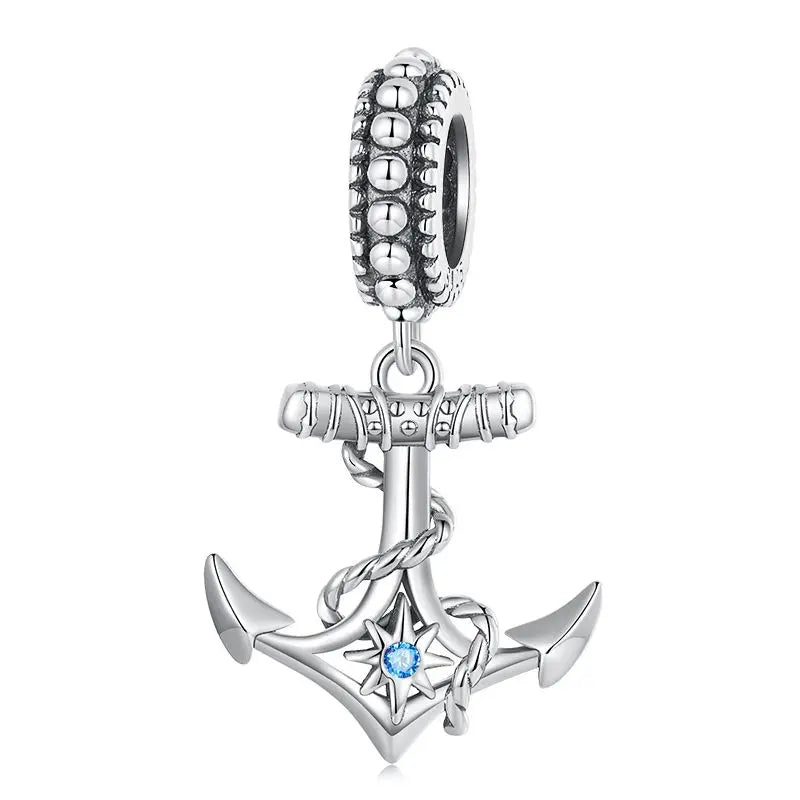 Bamoer Kompass-Anhänger aus 925er-Sterlingsilber, Emaille, blau, voll eingekreist, Zirkon-Perlen für Frauen, DIY-Halsketten-Zubehör, Kristall-Geschenk