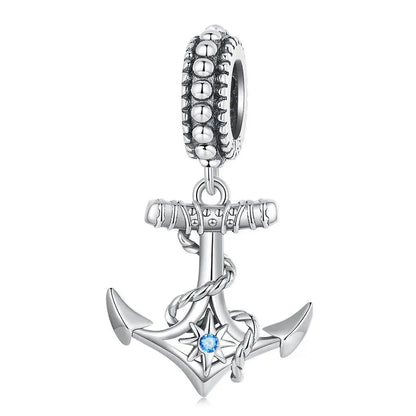 Bamoer Kompass-Anhänger aus 925er-Sterlingsilber, Emaille, blau, voll eingekreist, Zirkon-Perlen für Frauen, DIY-Halsketten-Zubehör, Kristall-Geschenk