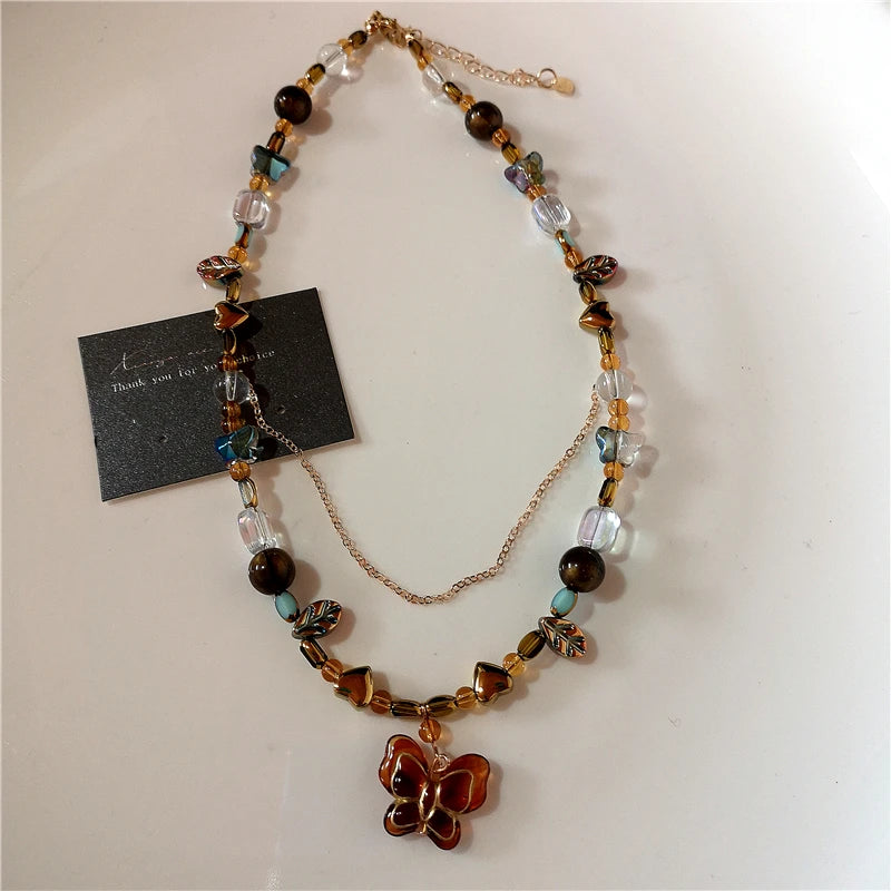 Mode Retro Perlen Schmetterling Metall Y2K Sun Star Opal Anhänger Kette Choker Halskette Für Frauen Böhmen Charme Schmuck Zubehör