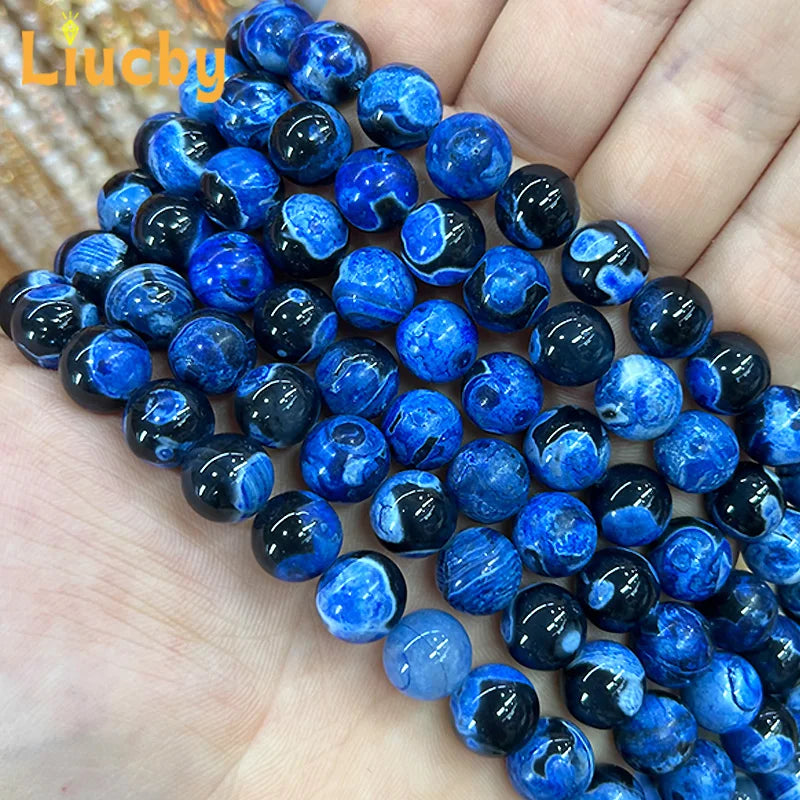 Naturstein Dunkelblaue Feuerachate Edelsteinperlen für Schmuckherstellung DIY Damenohrringe Zubehör 15" Großhandel 6/8/10mm