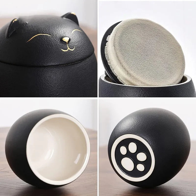 Urn for pet ashes, cat shape memorial cremation urns, hand crafted black, decorative urns for burial dog, ceramic sealed jar