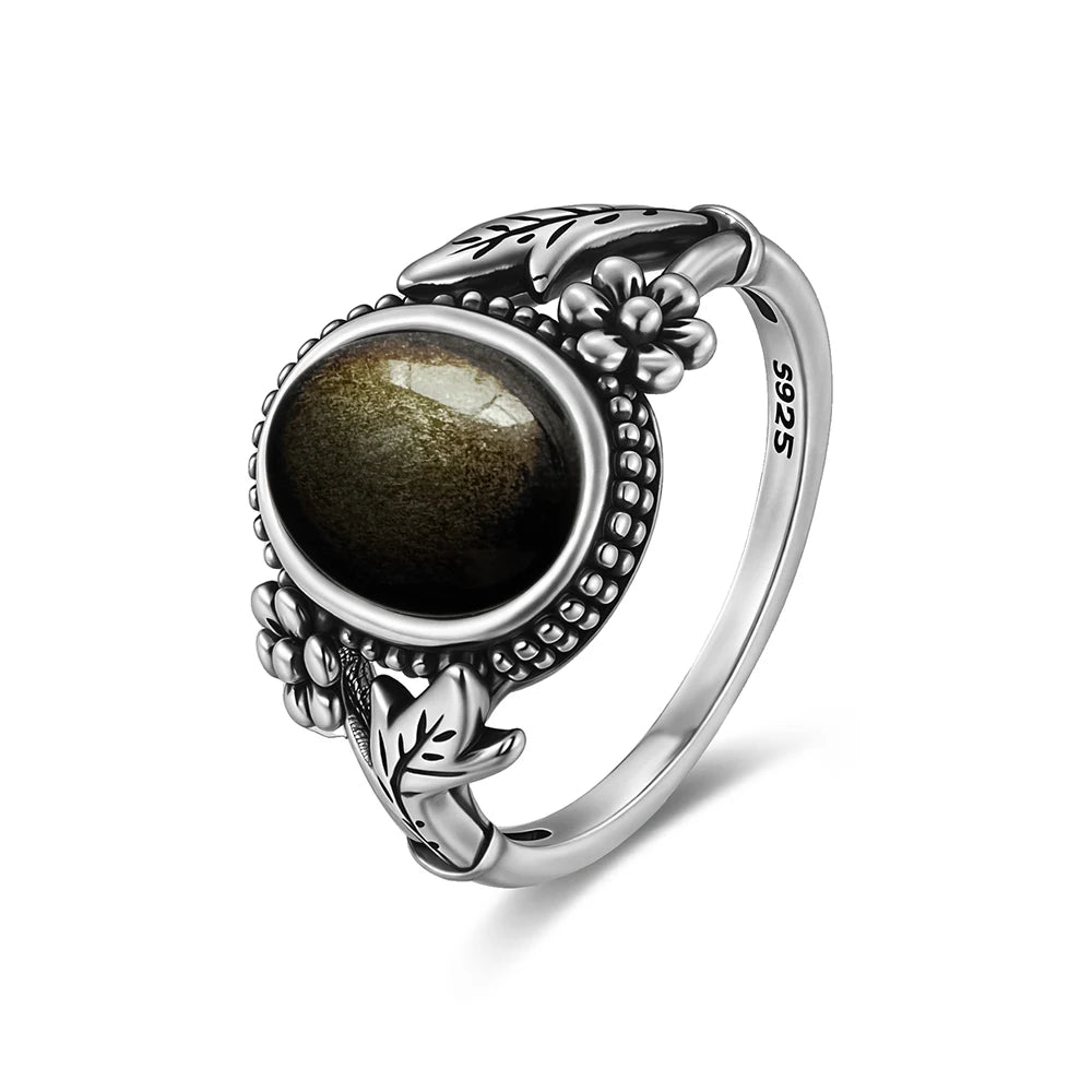 Vintage S925 Sterling Silber Ring Oval Runde Natürliche Obsidian Ring Sonne Und Blume Geformt Retro Edlen Schmuck Für Frauen Männer