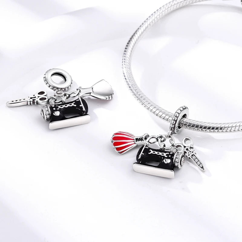 Original 925 Sterling Silber Nähmaschine Schere Charms Perle eingelegt rosa Zirkonium Anhänger passen Armband Schmuck Liebhaber Geschenk