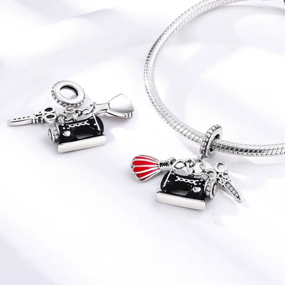Original 925 Sterling Silber Nähmaschine Schere Charms Perle eingelegt rosa Zirkonium Anhänger passen Armband Schmuck Liebhaber Geschenk