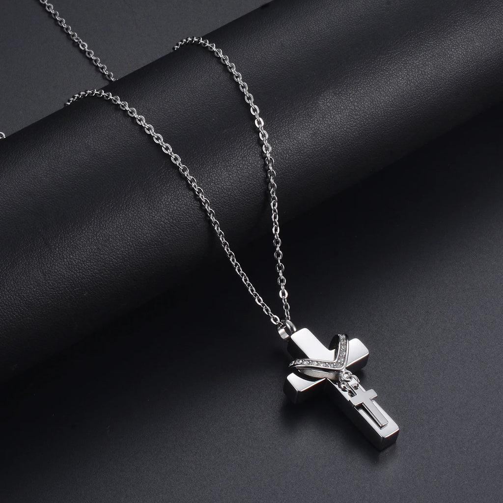 Unisex Edelstahl Feuerbestattung Doppel Kreuz Anhänger Halskette für Asche Memorial Andenken Schmuck Geschenk Dropshipping