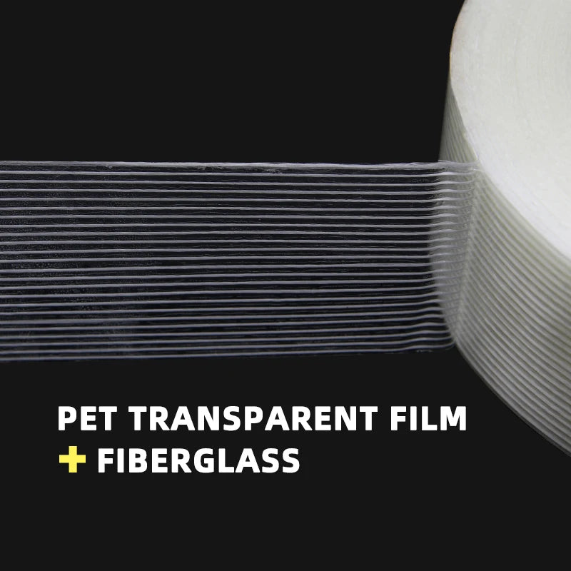 50 m/Rolle Glasfaserband, Breite 5–80 mm, Verpackungsband, feste Versiegelung, transparent, gestreift, einseitig stark haftende Klebebänder