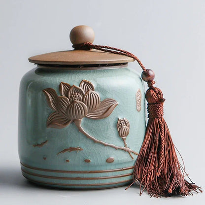 Hand-carved lotus celadon ash pet urn, dog and cat cremation urns, ceramic urns, sealed jar, funeral memorial art, large size