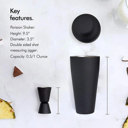 Cocktail-Set, Cocktail-Zubereitungsset, Pariser mattschwarzer 9-teiliges Cocktail-Shaker-Set aus Edelstahl, Bar-Werkzeug