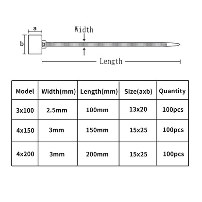 100 Stück Nylon-Kabelbinder, Etiketten, Kunststoffschlaufe, selbstsichernde Kabelbinder-Wraps, Netzwerk-Befestigungsgurte, Marker, 4 x 150 mm, 3 x 100 mm, 4 x 200 mm