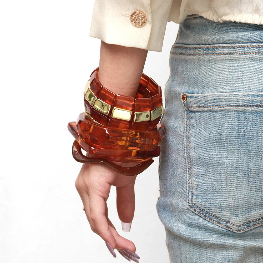 Retro Bernstein Unregelmäßige Geometrische Acryl Armbänder für Frauen Boho Statement Harz Stapelbare Armband Armreif Paar Schmuck Geschenke