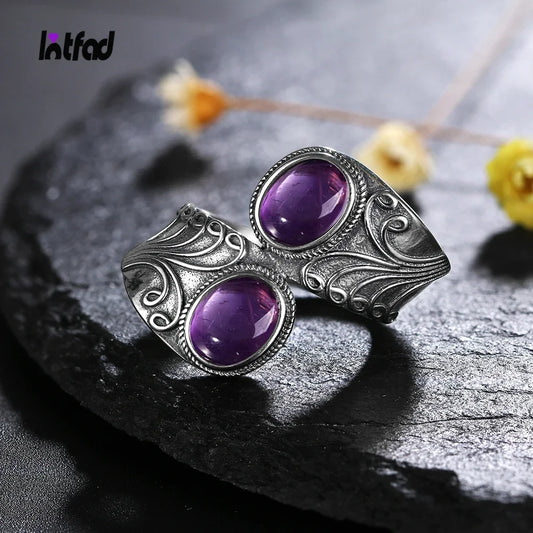 Punk-Hiphop-Ring aus 925er-Sterlingsilber, neues Design, mit zwei Amethysts, für Männer und Frauen, Schmuck, Party, Geburtstag, Geschenk