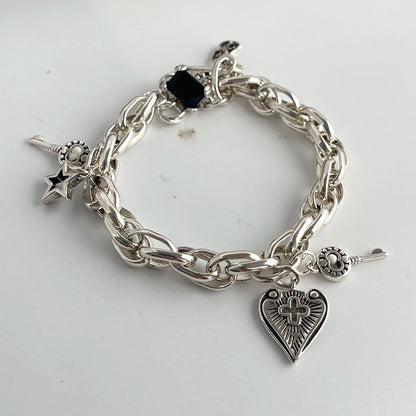 100 % massives 925er-Sterlingsilber-Retro-Armband für Damen und Herren, Vintage, handgefertigt, Vintage-Stil, Herz-Kreuz-Muster-Armband, Geburtstagsgeschenk