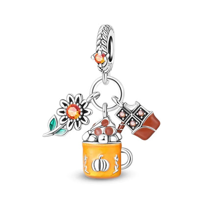 Kürbishaus-Perlen und Kuchen-Donut-Herzform aus 925er-Sterlingsilber, dreifach baumelnder Charm, passend für Armbänder, goldene orangefarbene Anhänger-Geschenke