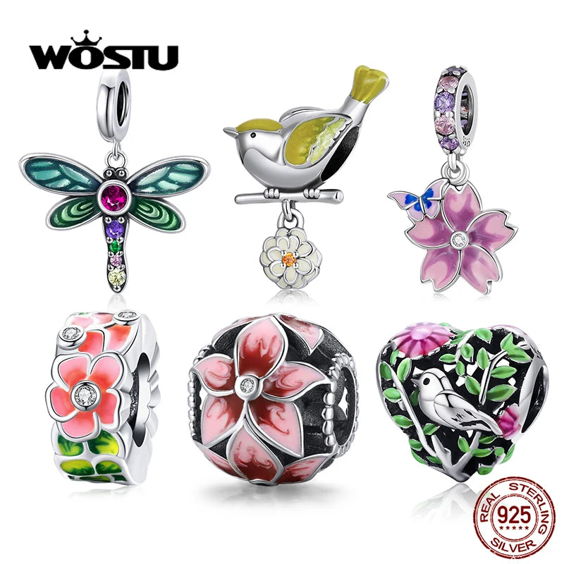 WOSTU Mode Frühjahr Serie Charms Perlen Echt 925 Sterling Silber Blume Vogel Pendent Fit Original-DIY Armband Halskette Schmuck