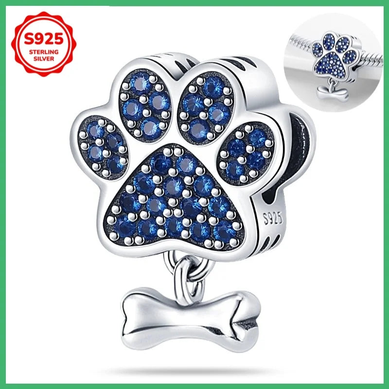 Charms-Anhänger aus 925er-Sterlingsilber mit Hunde-Fußabdrücke und Zirkonia, passend für DIY-Armbänder, Halsketten, Geschenk für Sie, Colgante Plata