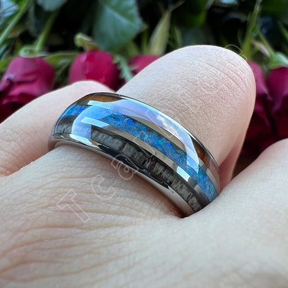 Dropshipping 8mm Männer Frauen Wolfram Ehering Dome Band Mit Hirschgeweih Blau Opal Und Holz Inlay Comfort Fit