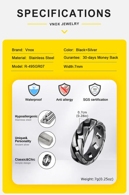 Vnox Herren Vintage oxidierte Edelstahlringe, Gliederförmiges Fingerband, Punk Rock Male Alliance