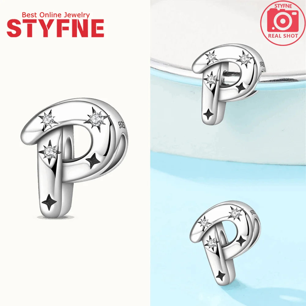 Charms aus 925er Silber, Buchstaben-Serie, Sternenlicht-Buchstaben, glänzende Zirkon-Perlen, passend für Armbänder, Zubehör, Schmuckherstellung, edler Schmuck, Geschenk