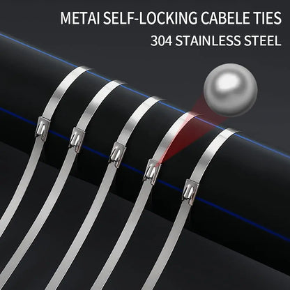 100 Stück 4,6 mm 7,9 mm 304 Edelstahl Metallkabelbinder Multifunktionale selbstsichernde Kabelbinder Reißverschluss-Auspufffolie beschichtete Verriegelung